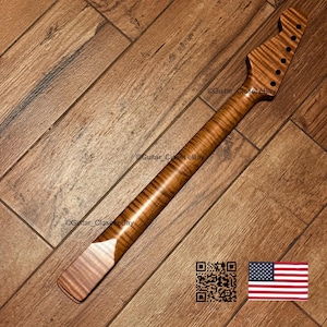 May include: A guitar neck made of flamed maple wood with a natural brown finish. The headstock features six pre-drilled holes for tuning pegs. The text Guitar_Closet eBay is visible on the wood surface, along with a QR code and a small US flag icon.
