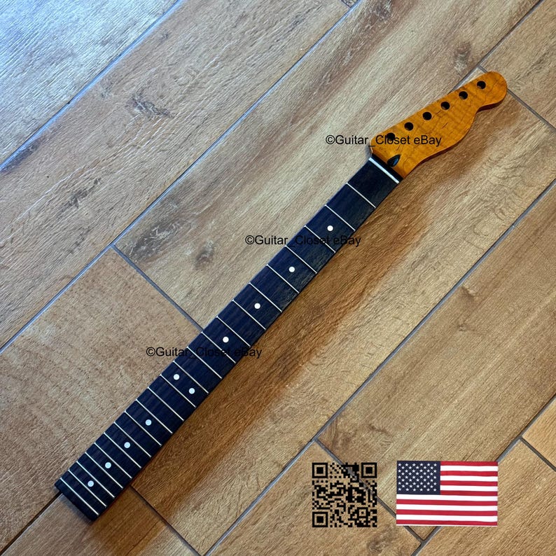 May include: A guitar neck with a natural wood finish on the headstock and a dark fretboard with white dot inlays. The neck is angled on a wooden surface. The image includes the text "@Guitar Closet eBay" and a QR code and American flag.