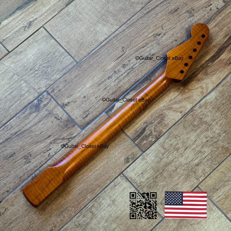 Puede incluir: Un m&aacute;stil de guitarra de madera con un acabado natural. El m&aacute;stil tiene un clavijero con agujeros para las clavijas y un diapas&oacute;n. La veta de la madera es visible. La imagen incluye el texto "Guitar Closet eBay" y un c&oacute;digo QR con la bandera estadounidense.
