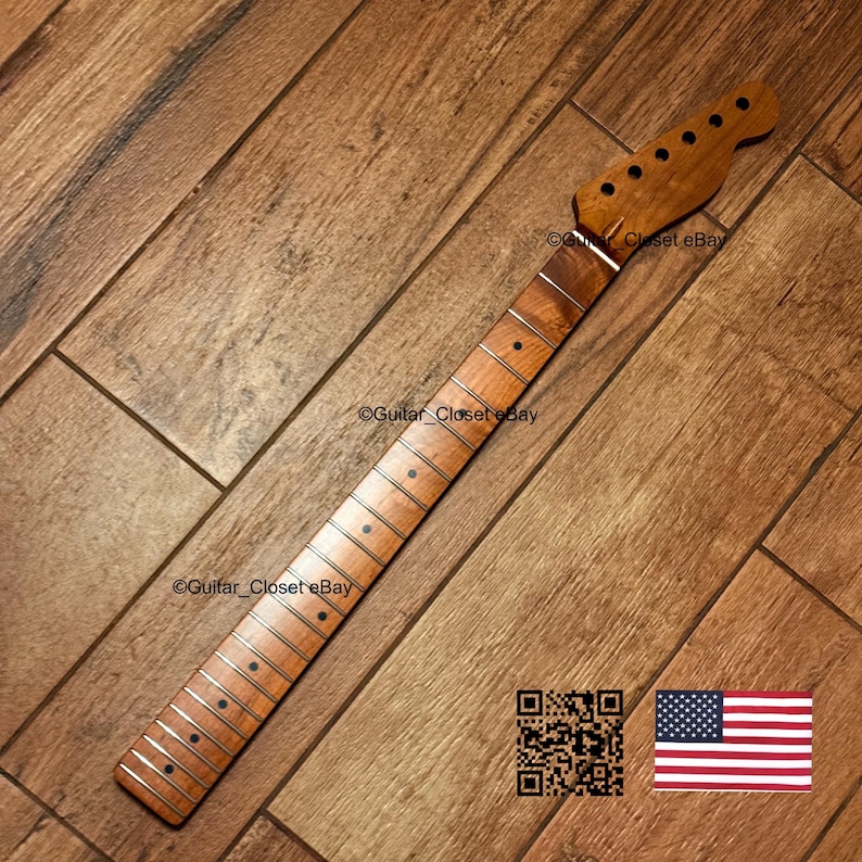 May include: A light brown wooden guitar neck featuring a smooth fretboard with dark circular position markers, silver metal frets, and a headstock with six tuner holes. The text Guitar_Closet eBay is visible on the wood surface.