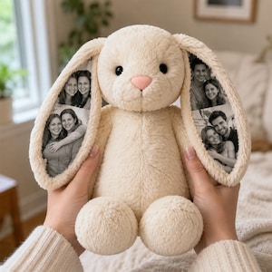 Personalisierter Foto-Hase, Plüschhase mit verstecktem Foto im Ohr, Geschenk zum Jahrestag für Paare, Muttertag, Geschenk für Frischvermählte