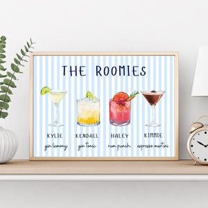 Może przedstawiać: Oprawiony wydruk z czterema ilustracjami koktajli: Kylie gin lemon, Kendall gin tonic, Haley rum punch i Kimmie espresso martini. Tekst „THE ROOMIES” znajduje się nad napojami, na niebiesko-białym tle w paski.