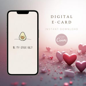 Zeg dat ik van je hou in stijl! Moderne bewerkbare Happy Valentines Day digitale avocadogroetkaart voor dierbaren (digitale canvasjabloon)