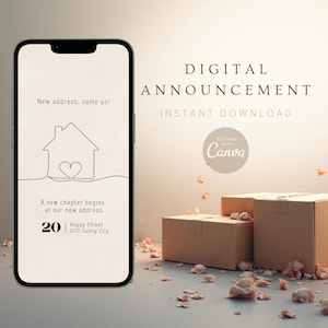 Deel je nieuwe adres in stijl met dierbaren | Minimalistische, aanpasbare e-kaart voor aankondiging van een nieuw huis: enkele lijntekeningen (digitale download)