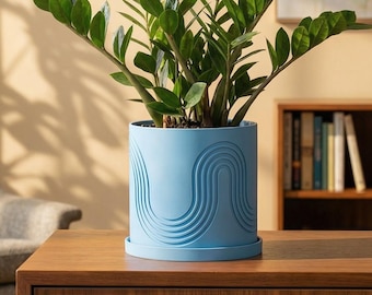 Maceta de interior moderna de mediados de siglo con bandeja de drenaje giratoria / Maceta de diseño con arco continuo / Minimalista contemporáneo