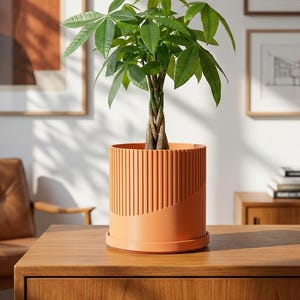 Modern Ribbed Indoor Planter with Radial Drainage and Twist to Lock Drip Tray | Round Contemporary Flower Plant Pot | Vertical Lines Pattern
