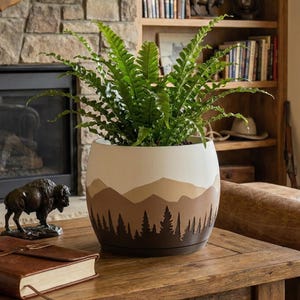 Western Mountain Skyline Indoor Planter with Drainage Tray | Forest Cabin Outdoor Flower Pot | Colorado | Montana | Wyoming | Idaho | Utah