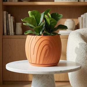 May include: A terracotta-colored plant pot with a wood grain design, holding a leafy green plant. The pot sits on a white marble-topped side table. A light-colored, curved-back armchair and a wooden bookshelf are in the background.