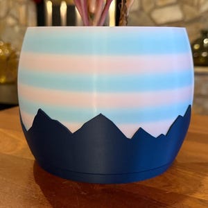 May include: A round, blue and white striped planter with a mountain design at the bottom. The planter is sitting on a wooden table and contains a plant with red and green leaves.