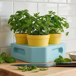 May include: Three potted herbs, basil, mint, and parsley, sit on a light blue stand. The yellow pots contrast with the green plants. A wooden cutting board holds a knife, salt, and loose leaves, suggesting a culinary theme.