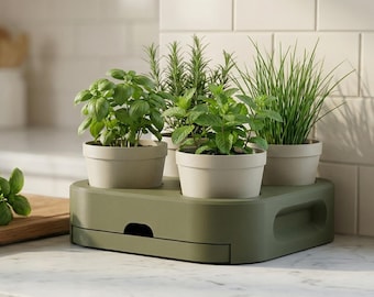 Bandeja autorriego para hierbas de encimera con cajón / Soporte para 4 macetas de interior para cocina, jardín, estación de propagación de plantas de inicio