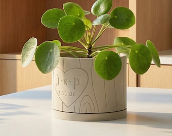 Maceta de interior personalizada con diseño de árbol tallado, drenaje radial y bandeja de drenaje giratoria para bloquear. Maceta con nombre y fecha personalizados.