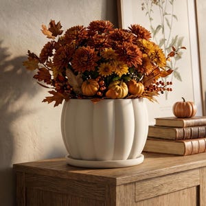 May include: A matte white ceramic planter shaped like a pumpkin with vertical ridges and a matching circular saucer. The planter is filled with a dense arrangement of deep orange and yellow chrysanthemums, dried autumn leaves, and small pumpkins.