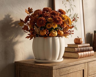 Pepo Autumn Round Ribbed Indoor Planter with Drainage and Locking Drip Tray | Fall Pumpkin Decor | Mum Houseplant Flower Pot | Fluted Design