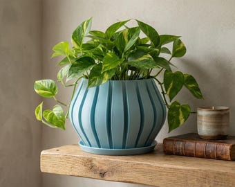 Maceta moderna redonda acanalada para interior con bandeja de drenaje giratoria / Maceta clásica para flores / Decoración ligera para el hogar / 7,62 cm, 10,16 cm, 15,24 cm y 18,78 cm