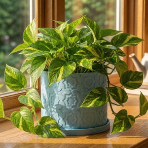 May include: A potted pothos plant with vibrant green and yellow leaves. The plant is in a light blue, patterned ceramic pot, sitting on a wooden windowsill. The plant is near a window with natural light.