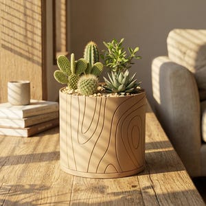May include: A cylindrical beige planter with a debossed wood grain pattern containing a variety of small green cacti and succulents planted in light-colored pebbles. The planter has a smooth matte finish and a simple, clean design.