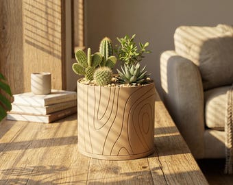 Topographic Pattern Indoor Planter with Radial Drainage & Twist to Lock Drip Tray | Modern Round Geography Lover Flower Plant Pot 4 5 6 7 8