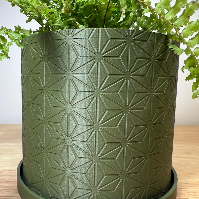 Modern Matte Olive Green 3D printed indoor planter with geometric star (Hexstar) pattern texture, cylindrical shape, and matching drip tray, shown with a fern on a wooden surface.