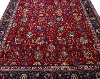 Oushak Rug 10x13, Deep Red Carpet, Indigo Blue Border Turkish Rug, All Over Floral Palmette, Oversized Area Rug