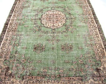 7x10 Vintage Turkish Rug: Large Anatolian Wool Rug, Green Carpet 7'1" x 10'3"