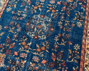 6x10 Vintage Rug, Ocean Blue Turkish Rug, Large Area Rug, Anatolian Oushak Rug, Boho Living Room Rug