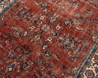 7x10 Vintage Anatolian Floral Terracotta Rug, Handmade Oushak Carpet, Large Turkish Rug, 6'8" x 10'3"