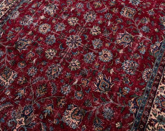 8x11 Vintage Rug, Turkish Floral Burgundy Red Rug, Large Area Rug, Anatolian Wool Oushak Rug, Boho Living Room Rug, 8'2" x 11'3"