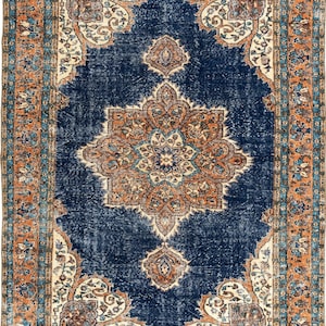 7x11 Turkish Oushak Rug, Navy Blue Wool Rug, Vintage Anatolian Rug, Living Room Rug Large