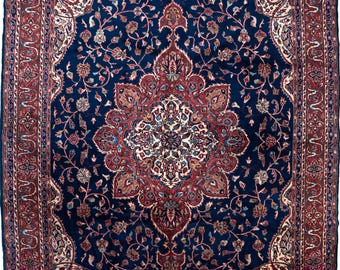 Oversized Indigo Blue Classical Medallion Vintage Turkish Wool Rug - 9' x 13'
