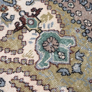 May include: A woven rug featuring a complex pattern with a cream-colored background, olive green sections, and accents in muted blue, brown, and dark gray. The design includes repeating floral motifs, geometric shapes, and intricate border details.