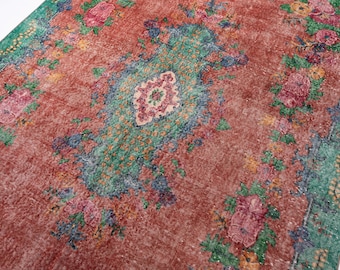 7x10 Vintage Rug, Turkish Rug, Floral Rug, Clay Red Rug, Large Rug for Living Room, Boho Home Decor, 7' x 10'4"
