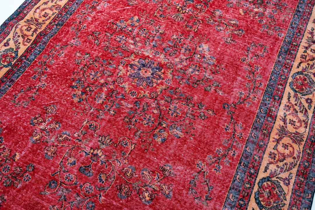 7x11 Vintage Turkish Rug, Floral Ruby Red Rug, Traditional Wool Rug ...