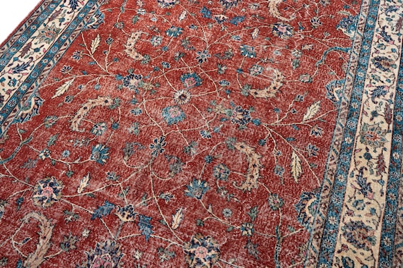 9x12 Vintage Terracotta Rug, Turkish Area Rug Large, Floral Boho Rug, Anatolian Oushak Rug, Rug for Living Room, 8'6" x 11'7