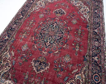 8x12 Vintage Anatolian Turkish Rug, Large Area Rug for Living Room, Floral Medallion Carpet, 7'6" x 12'