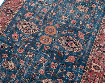 Tappeto vintage blu 5x9, tappeto turco anatolico, tappeto Oushak floreale, tappeto fatto a mano, tappeto per soggiorno, 5'3" x 9'
