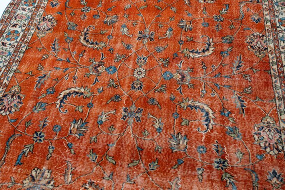 7x10 Vintage Rug, Turkish Rug, Floral Rug, Terracotta Rug, Anatolian Wool Rug, Boho Home Decor Rug, Kitchen Rug, 6'8" x 10'1"