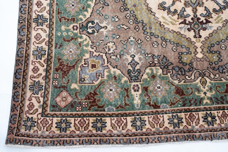 May include: A woven area rug featuring a complex pattern with a central field in shades of brown, green, and cream. The border displays repeating floral motifs in blue, pink, and brown, with intricate geometric shapes throughout the design.