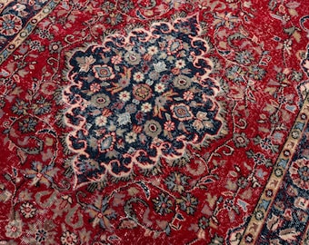 Vintage Turkish Oushak Rug, Red Floral Boho Wool Carpet (5'2" x 9'6")
