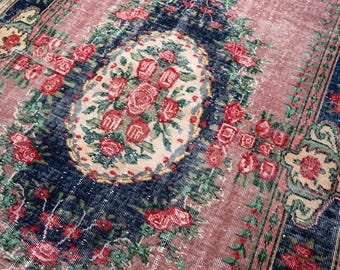 Tappeto turco vintage 6x10, tappeto di grandi dimensioni, tappeto rosa cipria, tappeto floreale boho, tappeto anatolico, 6'3" x 9'8"