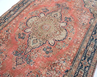 Tapete vintage 7x10, tapete turco grande, tapete floral, tapete coral suave, tapete para quarto, tapete boho feito à mão, 2,13 m x 3,18 m