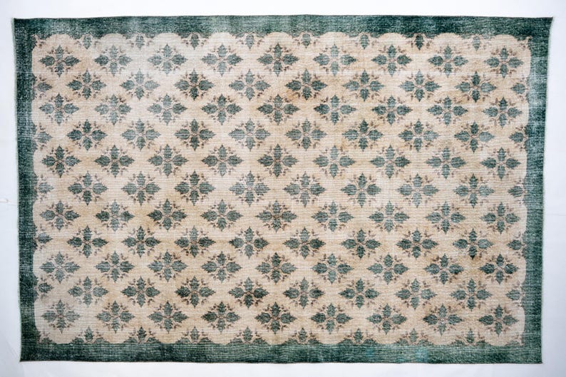 7x10 Vintage Rug, Anatolian Boho Rug, Green Floral Rug, Oushak Turkish Rug, Large Living Room Rug, 6'7" x 10'2" image 2