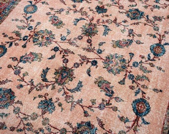 7x10 Vintage Turkish Rug, Red Floral Oushak Rug, Large Living Room Rug, Antique Anatolian Rug, Bohemian Bedroom Rug, 7' x 10'3"