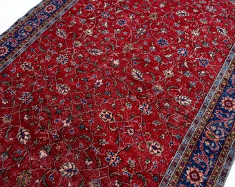 7x11 Vintage Turkish Rug: Floral Red Rug, Large Area Rug, Boho Carpet, 7'1" x 10'9"