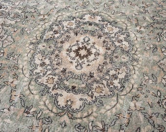 7x11 Vintage Rug, Turkish Rug, Large Area Rug, Handmade Oushak Rug, Sage Green Rug, Rug for Living Room, 7'3" x 11'3"