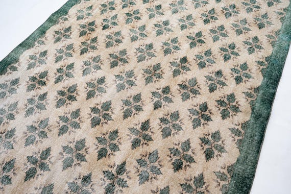 7x10 Vintage Rug, Anatolian Boho Rug, Green Floral Rug, Oushak Turkish Rug, Large Living Room Rug, 6'7" x 10'2"