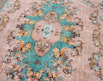 7x10 Vintage Turkish Rug, Floral Pink Rug, Bohemian Rug, Handmade Oushak Rug, Large Living Room Rug, 7' x 10'7"