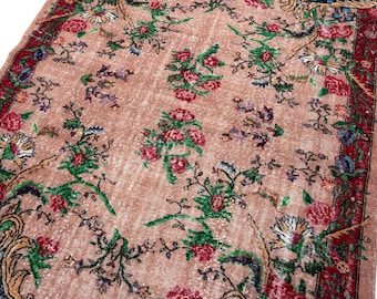 7x10 Muted Salmon Pink Vintage Rug, Rose Floral Living Room Hand Knotted Wool Rug, Large Boho Turkish Carpet