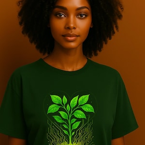 May include: A dark green t-shirt with a bright green plant design in a heart shape. The plant's roots are integrated with a circuit board pattern. The shirt is worn by a person with dark curly hair and brown skin.
