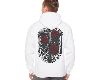 Felpa con cappuccio Gothic Ribcage Roses, pullover floreale con scheletro